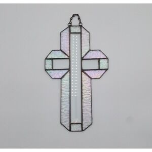 Vintage Leaded Stained Glass Cross Beveled Window Suncatcher Iridescent 12"